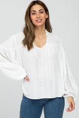 White Ruffle Neck Pintuck Balloon Sleeve Maternity Top