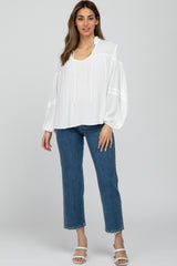 White Ruffle Neck Pintuck Balloon Sleeve Top