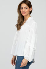 White Ruffle Neck Pintuck Balloon Sleeve Top