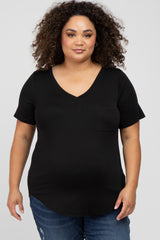 Black Ribbed V-Neck Short Sleeve Plus Maternity Top