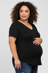 Black Ribbed V-Neck Short Sleeve Plus Maternity Top