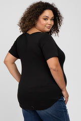 Black Ribbed V-Neck Short Sleeve Plus Maternity Top