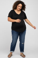 Black Ribbed V-Neck Short Sleeve Plus Maternity Top