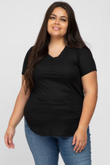 Black Ribbed V-Neck Short Sleeve Plus Maternity Top