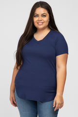 Navy Ribbed V-Neck Short Sleeve Plus Top