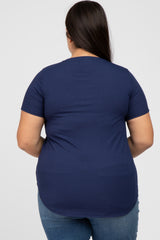 Navy Ribbed V-Neck Short Sleeve Plus Top