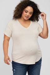 Beige Ribbed V-Neck Short Sleeve Plus Maternity Top