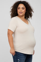 Beige Ribbed V-Neck Short Sleeve Plus Maternity Top