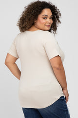 Beige Ribbed V-Neck Short Sleeve Plus Maternity Top