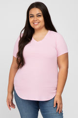 Pink Ribbed V-Neck Short Sleeve Plus Top