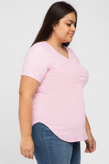 Pink Ribbed V-Neck Short Sleeve Plus Top