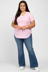 Pink Ribbed V-Neck Short Sleeve Plus Top