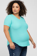 Mint Ribbed V-Neck Short Sleeve Plus Maternity Top