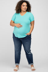 Mint Ribbed V-Neck Short Sleeve Plus Maternity Top