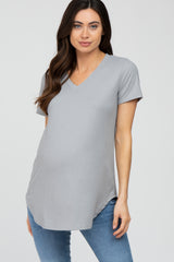 Grey Ribbed V-Neck Short Sleeve Maternity Top