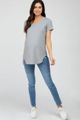 Grey Ribbed V-Neck Short Sleeve Maternity Top