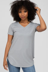 Grey Ribbed V-Neck Short Sleeve Maternity Top