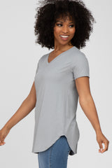 Grey Ribbed V-Neck Short Sleeve Top