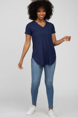 Navy Ribbed V-Neck Short Sleeve Top