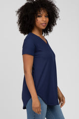 Navy Ribbed V-Neck Short Sleeve Top