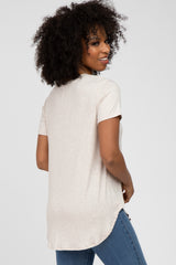 Beige Ribbed V-Neck Short Sleeve Top