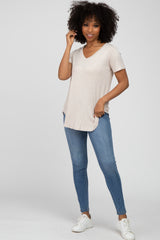 Beige Ribbed V-Neck Short Sleeve Top