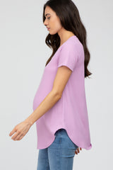 Lavender Ribbed V-Neck Short Sleeve Maternity Top