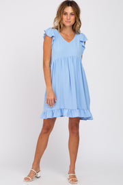 Light Blue Ruffle Hem V-Neck Dress