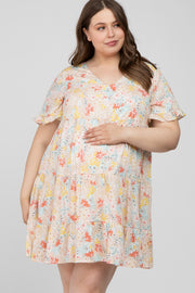 Beige Floral Tiered Maternity Plus Dress