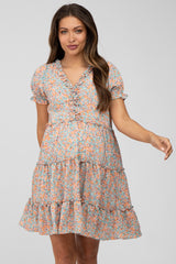 Peach Floral Ruffle Accent Tiered Maternity Dress