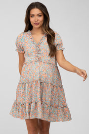 Peach Floral Ruffle Accent Tiered Maternity Dress