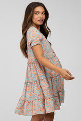 Peach Floral Ruffle Accent Tiered Maternity Dress