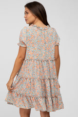 Peach Floral Ruffle Accent Tiered Maternity Dress