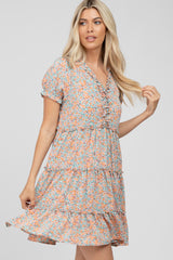 Peach Floral Ruffle Accent Tiered Dress