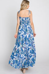 Blue Floral Smocked Square Neck Shoulder Tie Maxi Dress