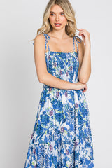 Blue Floral Smocked Square Neck Shoulder Tie Maxi Dress