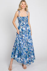 Blue Floral Smocked Square Neck Shoulder Tie Maxi Dress