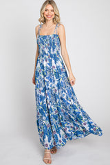 Blue Floral Smocked Square Neck Shoulder Tie Maxi Dress