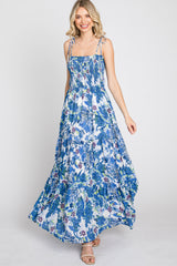 Blue Floral Smocked Square Neck Shoulder Tie Maxi Dress