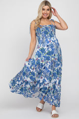 Blue Floral Smocked Square Neck Shoulder Tie Maternity Maxi Dress