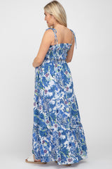 Blue Floral Smocked Square Neck Shoulder Tie Maternity Maxi Dress