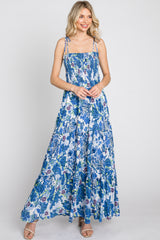 Blue Floral Smocked Square Neck Shoulder Tie Maternity Maxi Dress