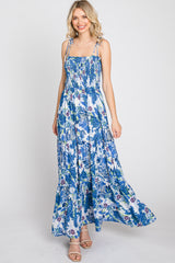 Blue Floral Smocked Square Neck Shoulder Tie Maxi Dress