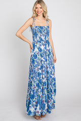 Blue Floral Smocked Square Neck Shoulder Tie Maxi Dress