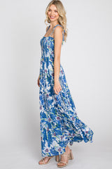 Blue Floral Smocked Square Neck Shoulder Tie Maxi Dress