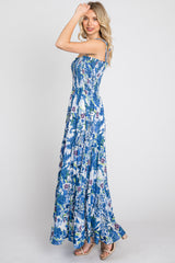 Blue Floral Smocked Square Neck Shoulder Tie Maxi Dress