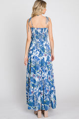 Blue Floral Smocked Square Neck Shoulder Tie Maxi Dress