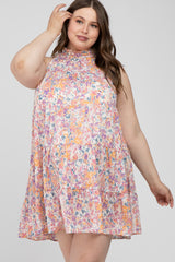 Pink Abstract Print Ruffle Neck Maternity Plus Dress