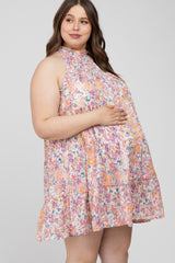 Pink Abstract Print Ruffle Neck Maternity Plus Dress