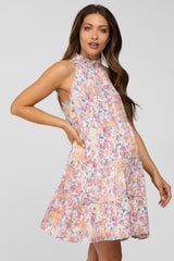 Pink Abstract Print Ruffle Neck Maternity Dress